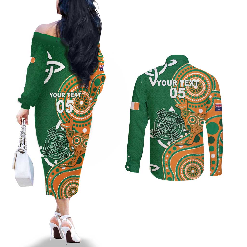 Australia And Ireland Rugby Custom Couples Matching Off The Shoulder Long Sleeve Dress and Long Sleeve Button Shirt Walllabies And Shamrock Together