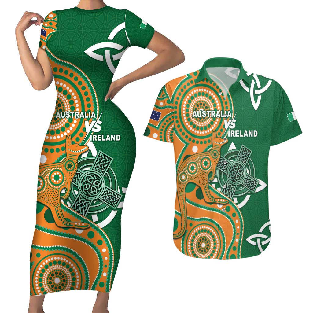 Australia And Ireland Rugby Custom Couples Matching Short Sleeve Bodycon Dress and Hawaiian Shirt Walllabies And Shamrock Together