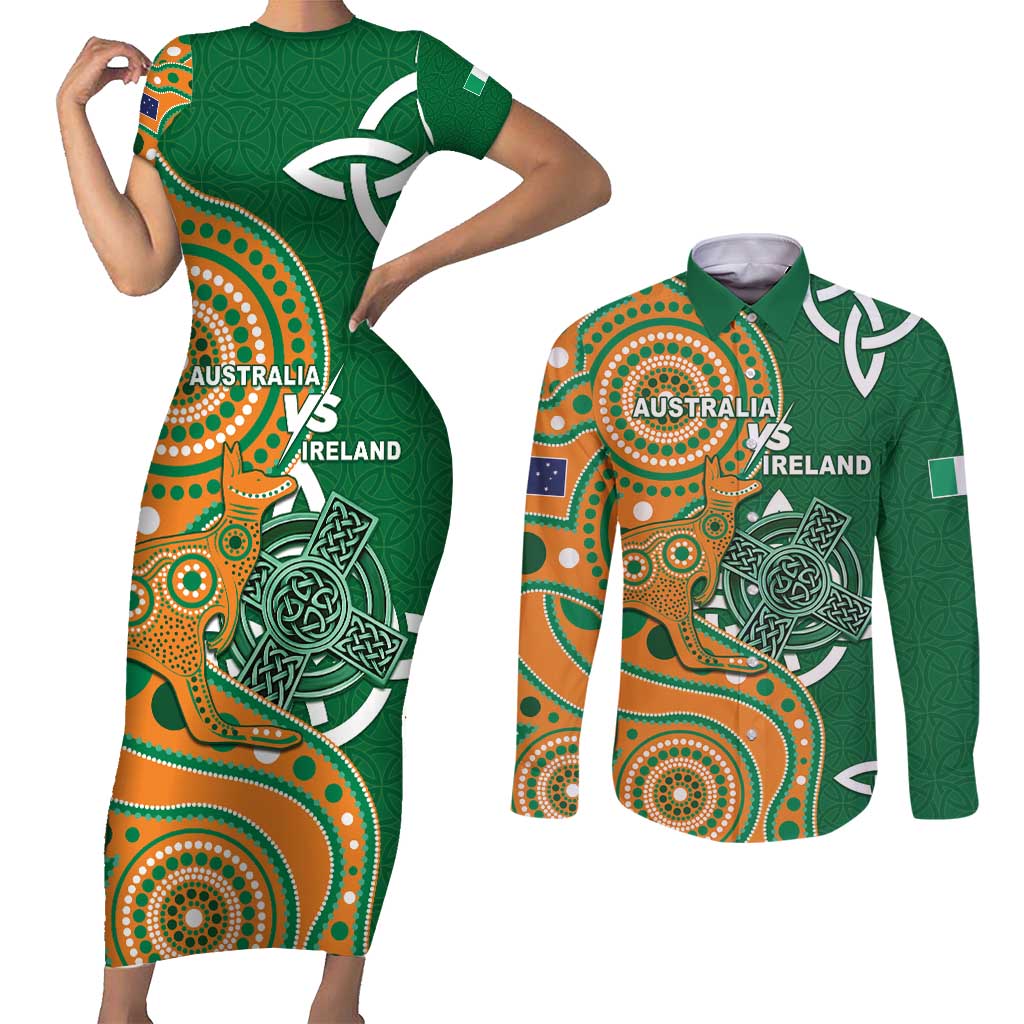Australia And Ireland Rugby Custom Couples Matching Short Sleeve Bodycon Dress and Long Sleeve Button Shirt Walllabies And Shamrock Together