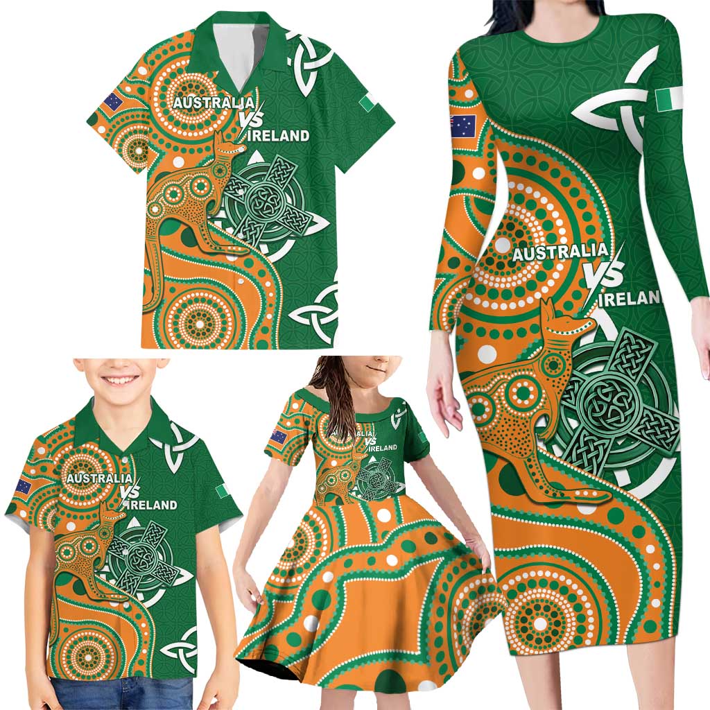 Australia And Ireland Rugby Custom Family Matching Long Sleeve Bodycon Dress and Hawaiian Shirt Walllabies And Shamrock Together