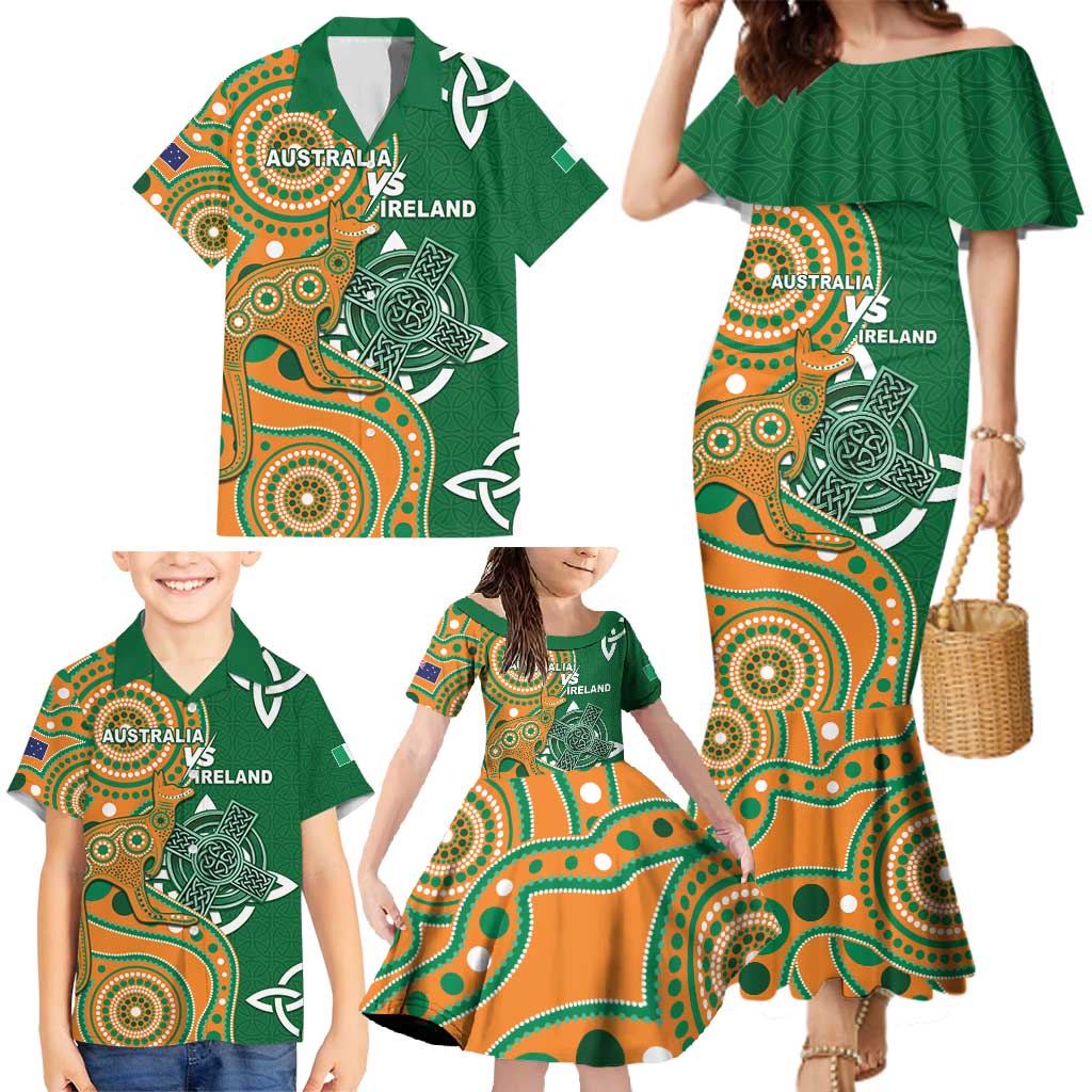 Australia And Ireland Rugby Custom Family Matching Mermaid Dress and Hawaiian Shirt Walllabies And Shamrock Together