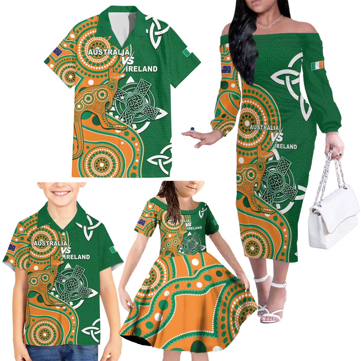 Australia And Ireland Rugby Custom Family Matching Off The Shoulder Long Sleeve Dress and Hawaiian Shirt Walllabies And Shamrock Together