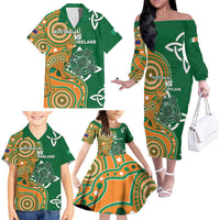 Australia And Ireland Rugby Custom Family Matching Off The Shoulder Long Sleeve Dress and Hawaiian Shirt Walllabies And Shamrock Together