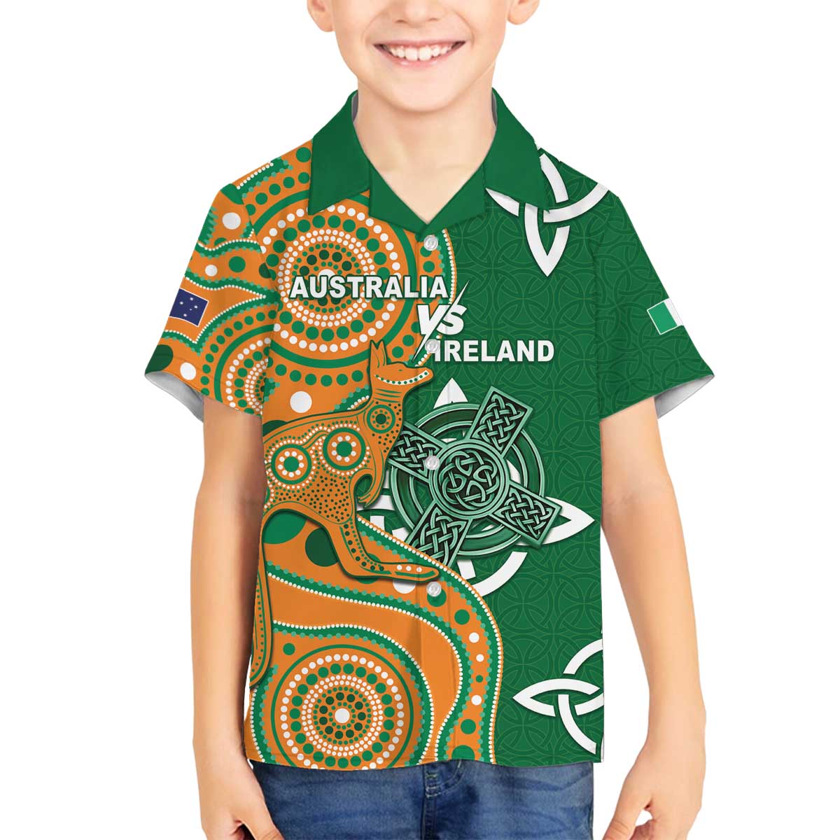 Australia And Ireland Rugby Custom Family Matching Off The Shoulder Long Sleeve Dress and Hawaiian Shirt Walllabies And Shamrock Together