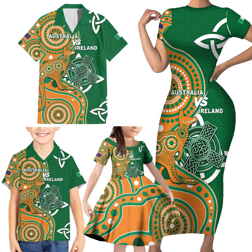 Australia And Ireland Rugby Custom Family Matching Short Sleeve Bodycon Dress and Hawaiian Shirt Walllabies And Shamrock Together