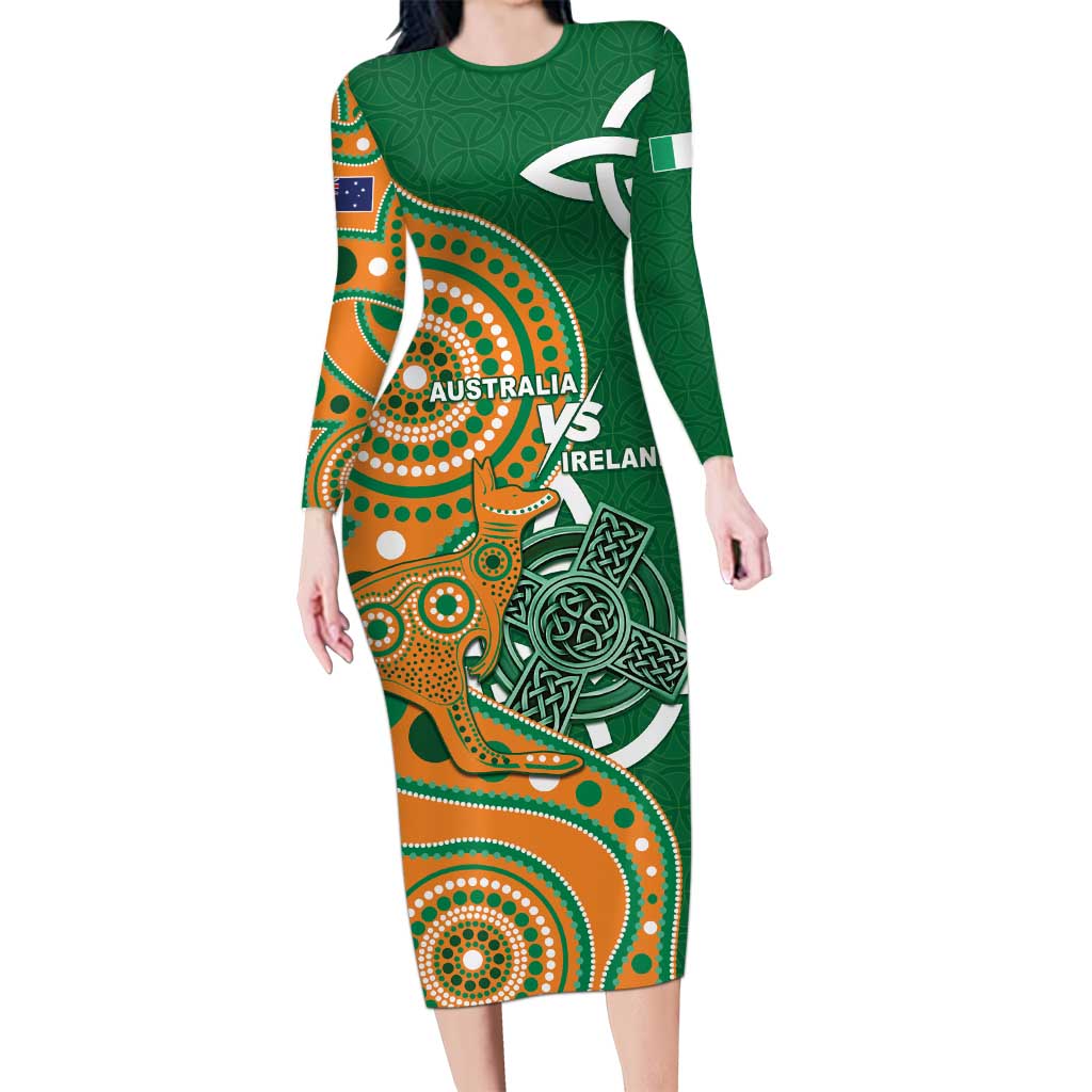 Australia And Ireland Rugby Custom Long Sleeve Bodycon Dress Walllabies And Shamrock Together