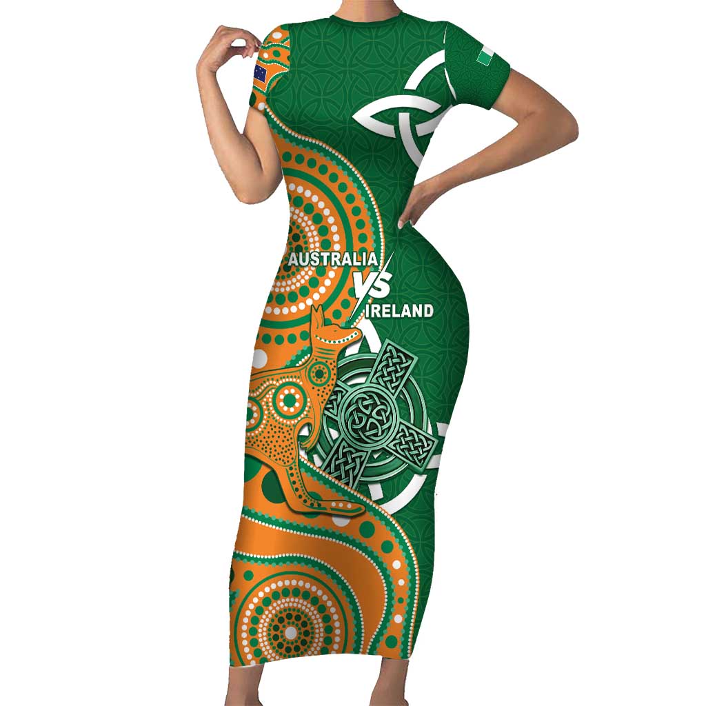 Australia And Ireland Rugby Custom Short Sleeve Bodycon Dress Walllabies And Shamrock Together