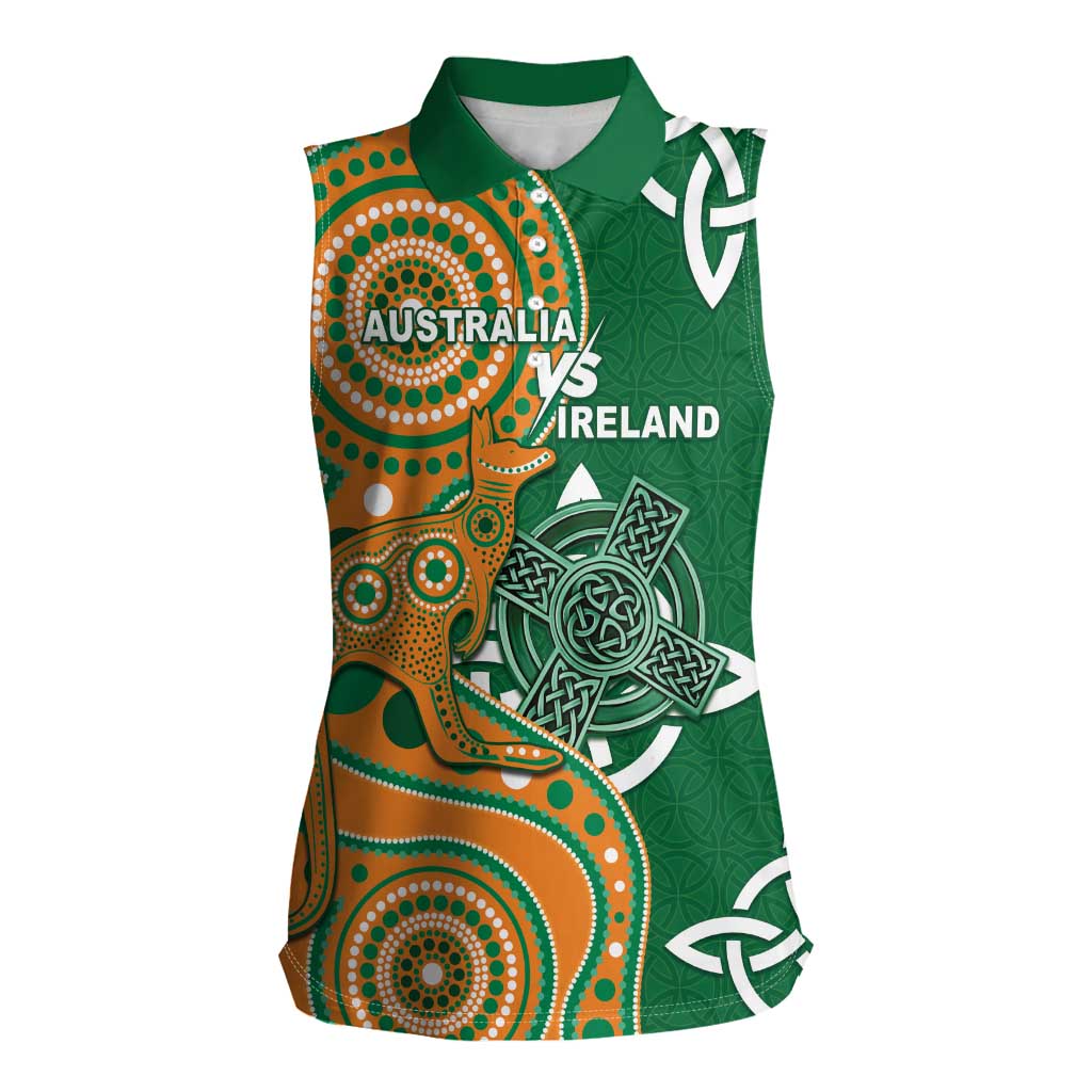 Australia And Ireland Rugby Custom Women Sleeveless Polo Shirt Walllabies And Shamrock Together