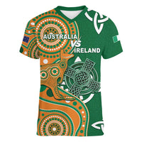Australia And Ireland Rugby Custom Women V-Neck T-Shirt Walllabies And Shamrock Together