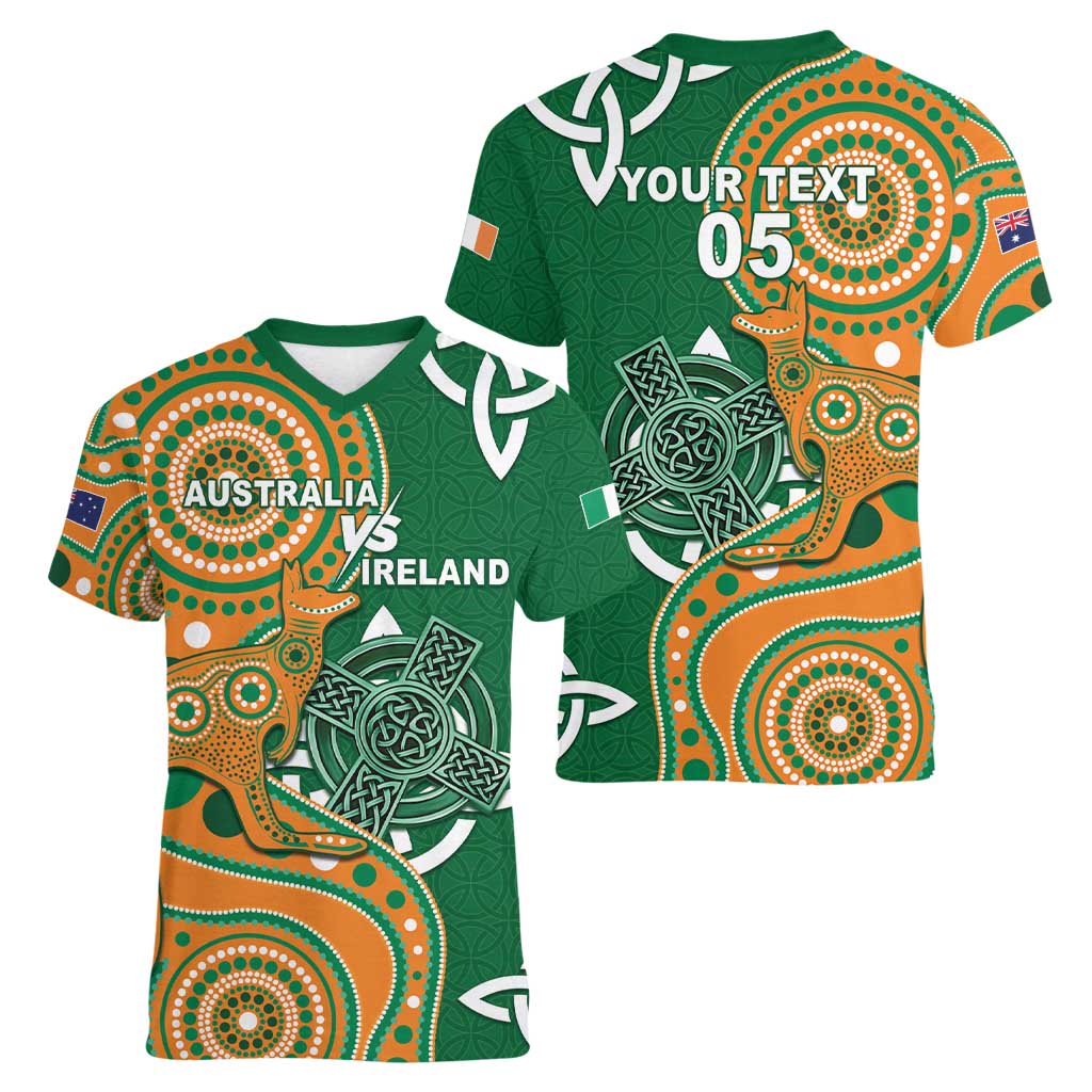 Australia And Ireland Rugby Custom Women V-Neck T-Shirt Walllabies And Shamrock Together