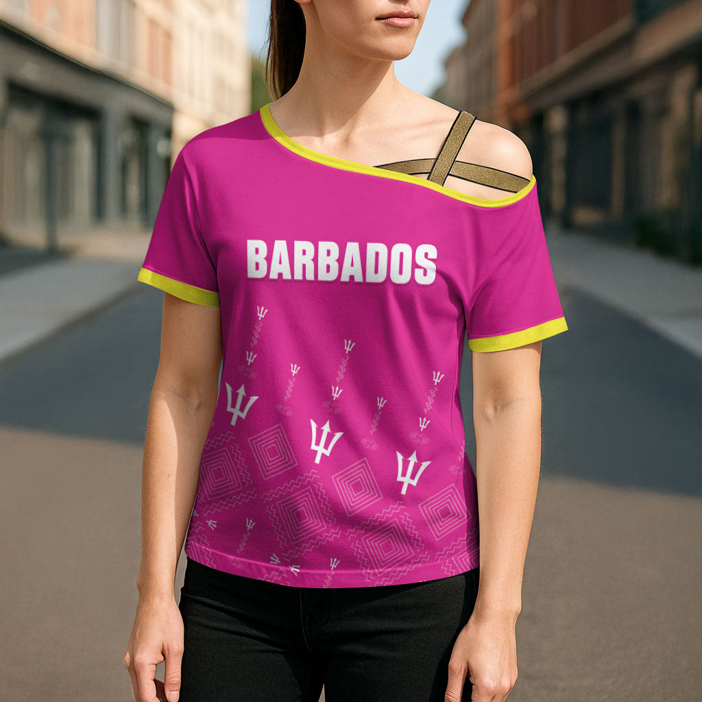 Custom Barbados 2026 Cricket Cross Shoulder Shirt Tridents Rise Pink Version