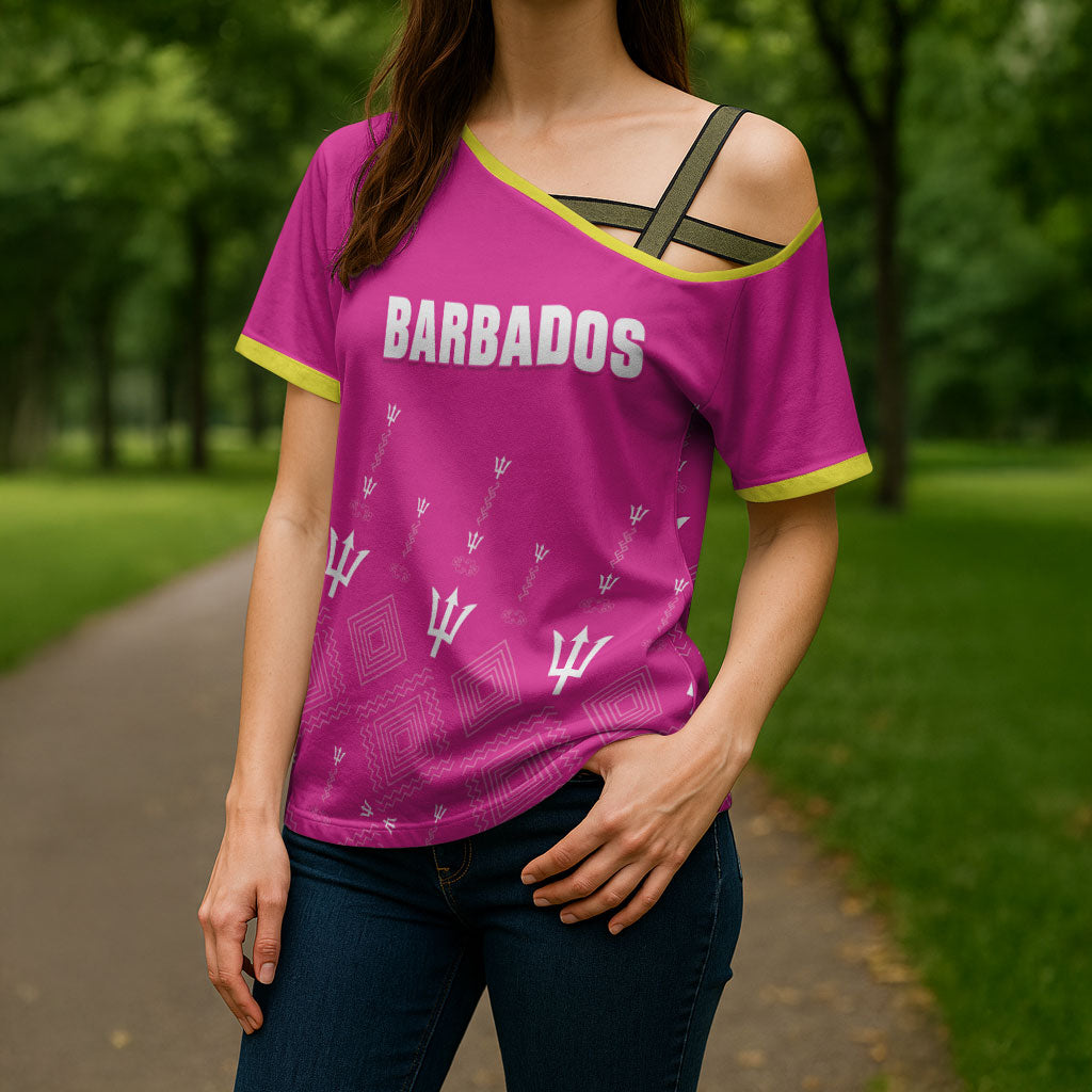 Custom Barbados 2026 Cricket Cross Shoulder Shirt Tridents Rise Pink Version