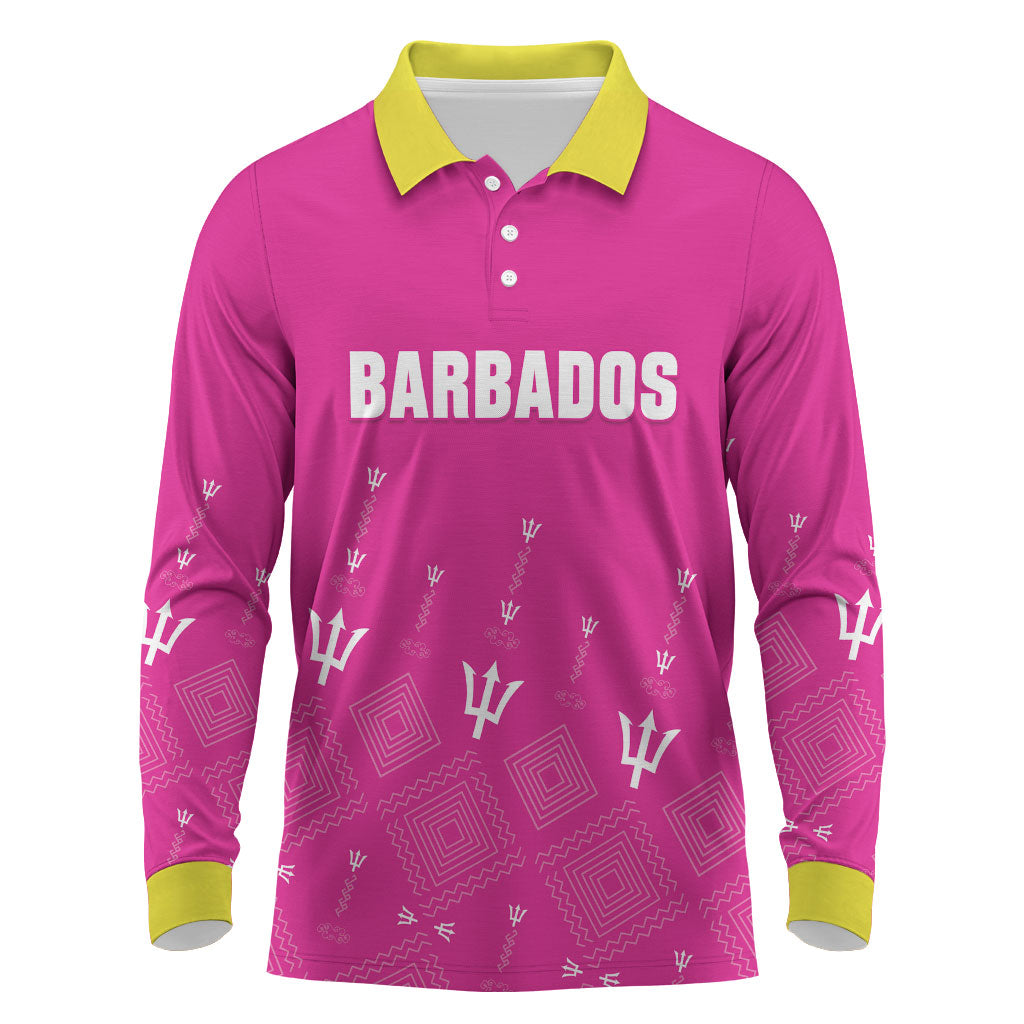 Custom Barbados 2026 Cricket Long Sleeve Polo Shirt Tridents Rise Pink Version