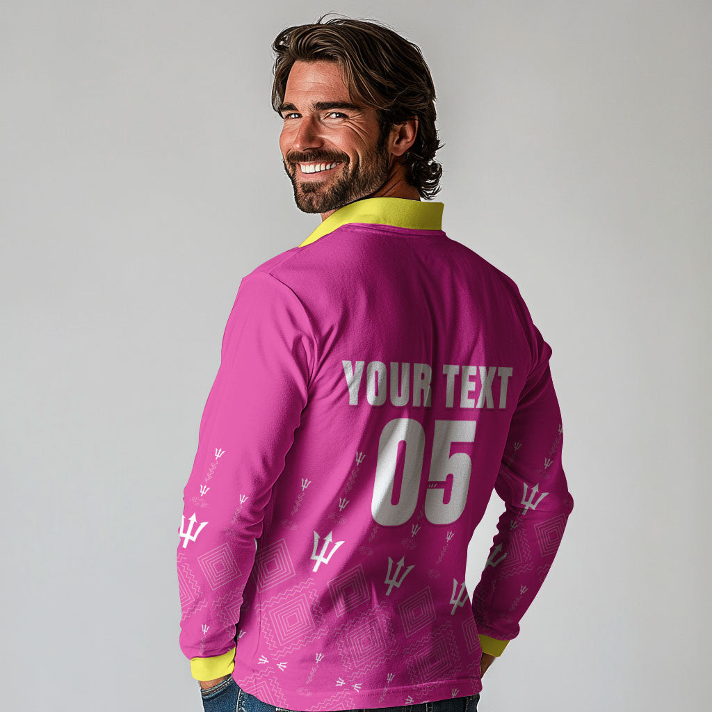Custom Barbados 2026 Cricket Long Sleeve Polo Shirt Tridents Rise Pink Version
