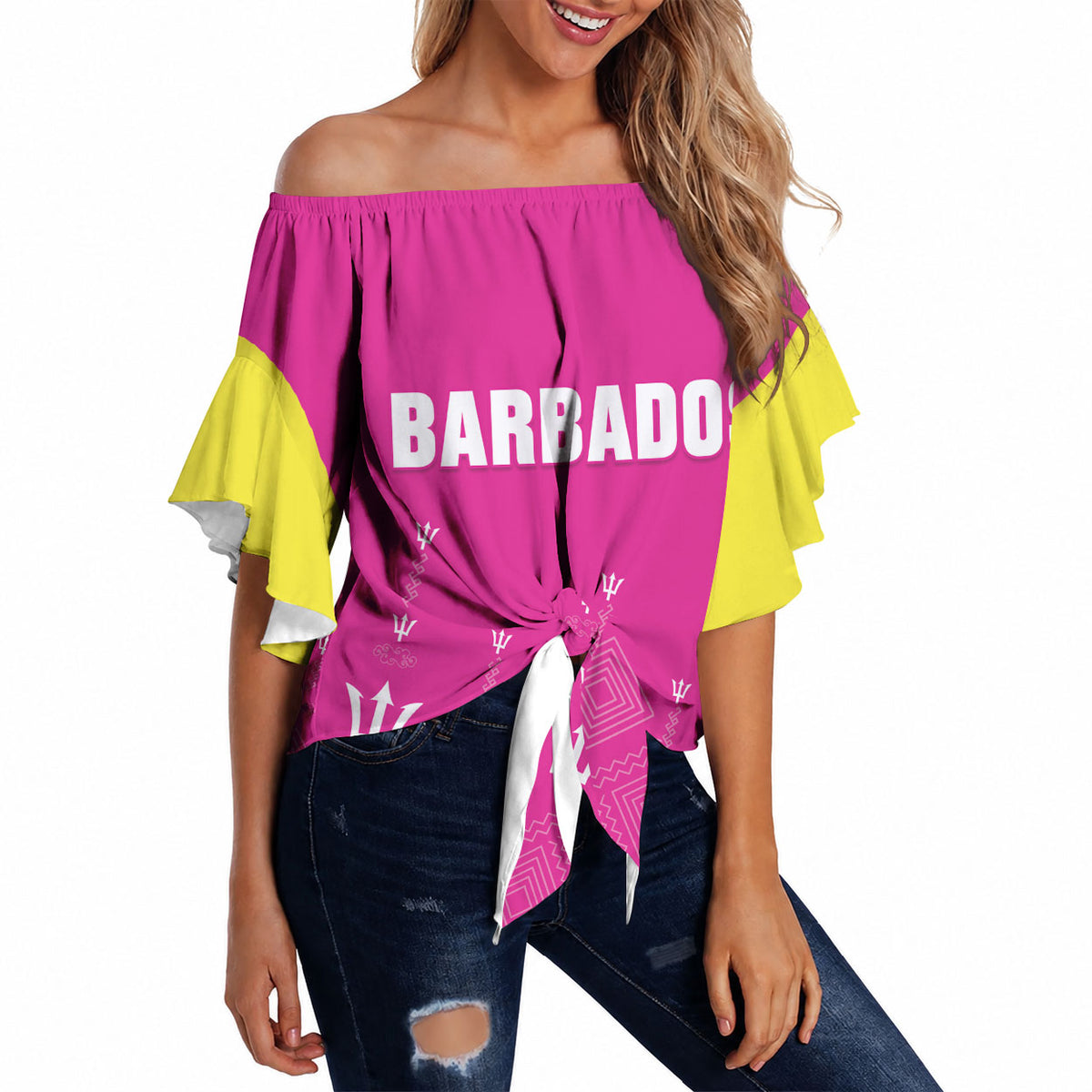 Custom Barbados 2026 Cricket Off Shoulder Wrap Waist Top Tridents Rise Pink Version