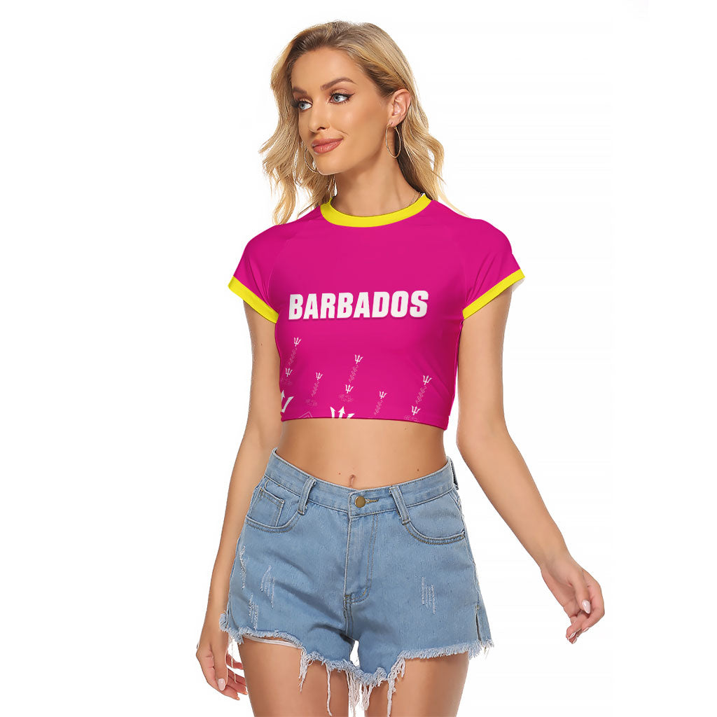 Custom Barbados 2026 Cricket Raglan Cropped T Shirt Tridents Rise Pink Version