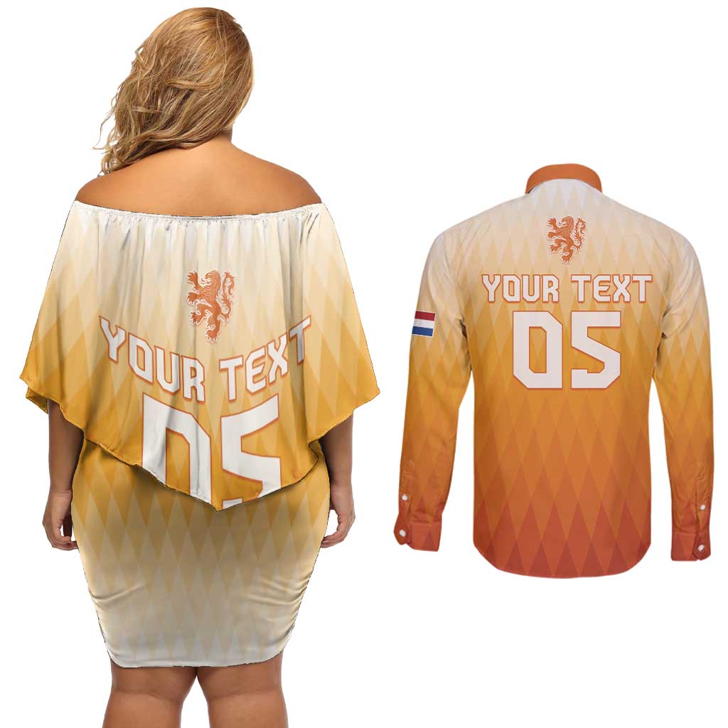 Custom Netherlands 2024 Football Couples Matching Off Shoulder Short Dress and Long Sleeve Button Shirt Go Champions Oranje Lions LT05 - Wonder Print Shop