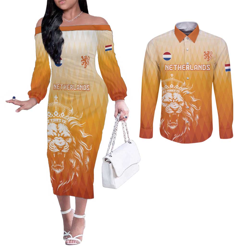 Custom Netherlands 2024 Football Couples Matching Off The Shoulder Long Sleeve Dress and Long Sleeve Button Shirt Go Champions Oranje Lions