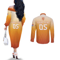 Custom Netherlands 2024 Football Couples Matching Off The Shoulder Long Sleeve Dress and Long Sleeve Button Shirt Go Champions Oranje Lions