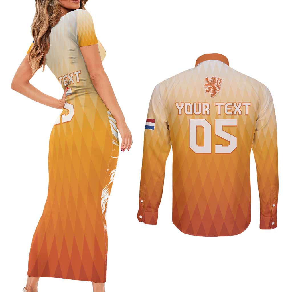 Custom Netherlands 2024 Football Couples Matching Short Sleeve Bodycon Dress and Long Sleeve Button Shirt Go Champions Oranje Lions LT05 - Wonder Print Shop
