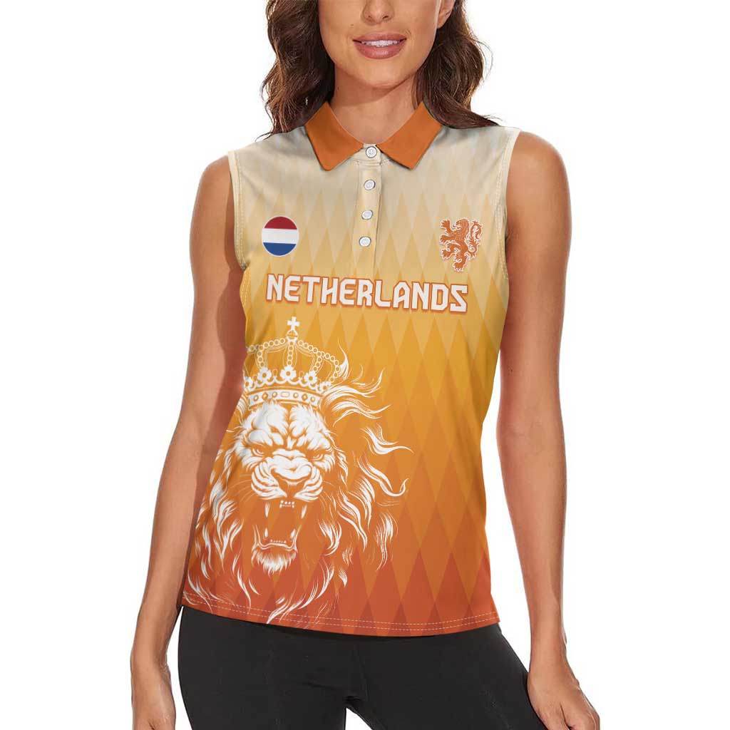 Custom Netherlands 2024 Football Women Sleeveless Polo Shirt Go Champions Oranje Lions LT05 - Wonder Print Shop