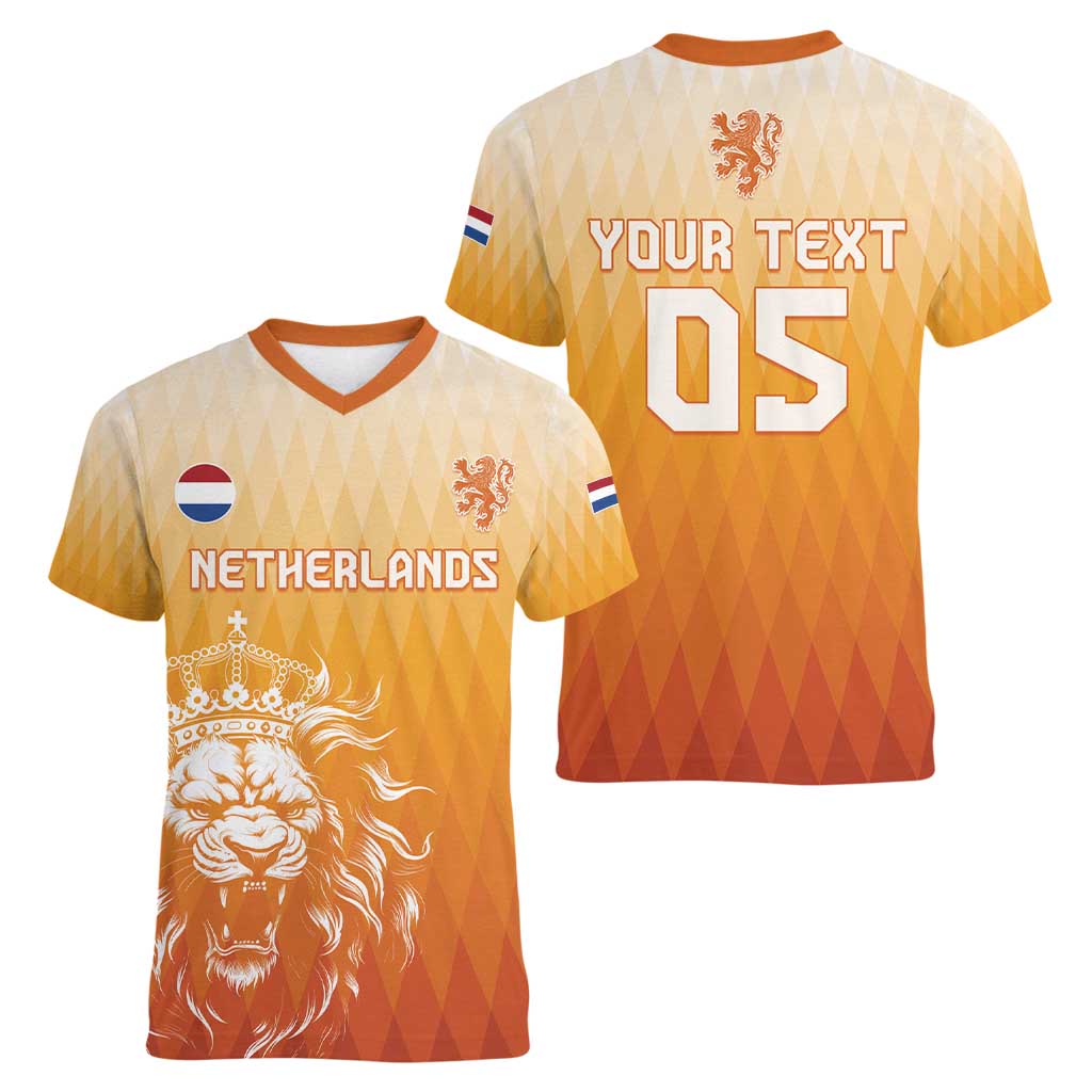 Custom Netherlands 2024 Football Women V-Neck T-Shirt Go Champions Oranje Lions LT05 - Wonder Print Shop