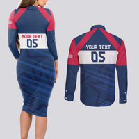 Custom USA Rugby 2024 Couples Matching Long Sleeve Bodycon Dress and Long Sleeve Button Shirt Eagles Reigns Supreme Blue Version LT05 - Wonder Print Shop