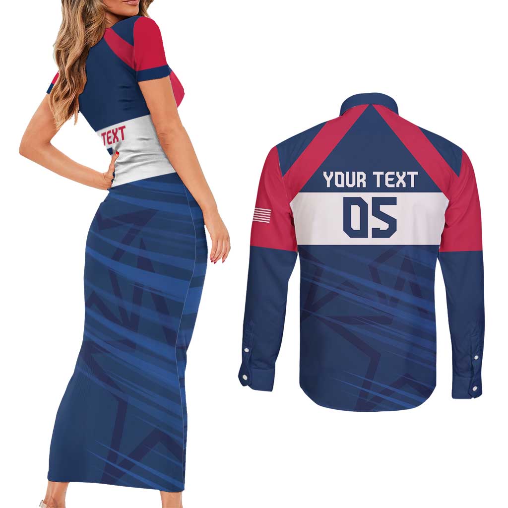 Custom USA Rugby 2024 Couples Matching Short Sleeve Bodycon Dress and Long Sleeve Button Shirt Eagles Reigns Supreme Blue Version LT05 - Wonder Print Shop