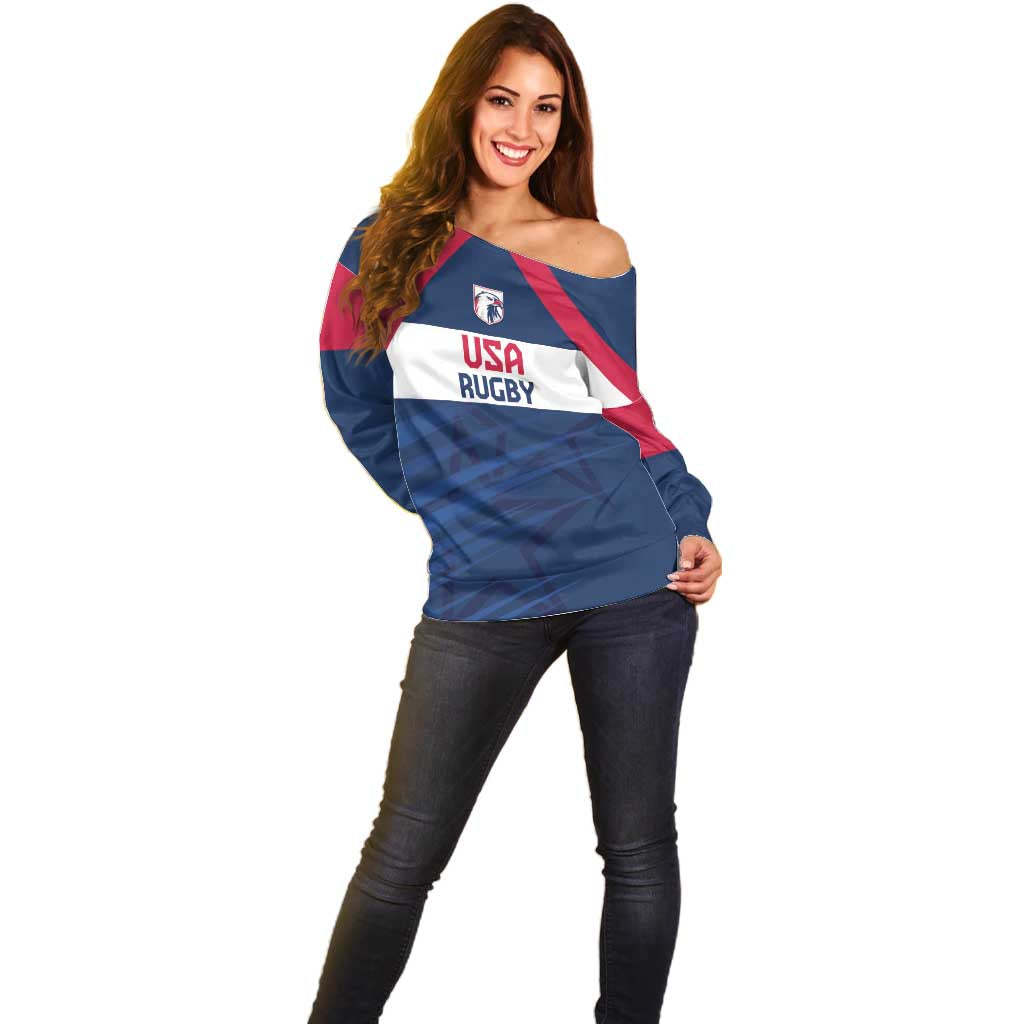 Custom USA Rugby 2024 Off Shoulder Sweater Eagles Reigns Supreme Blue Version LT05 - Wonder Print Shop