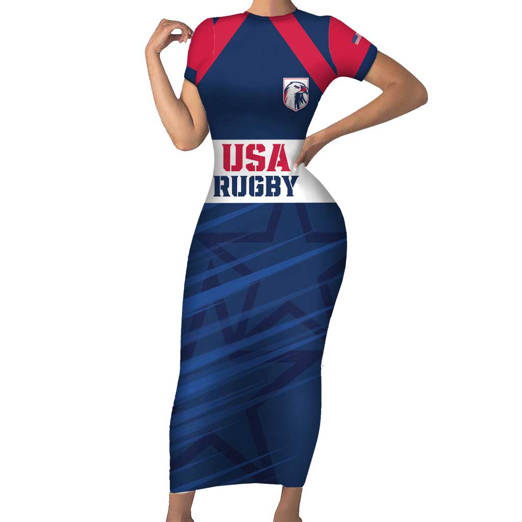 Custom USA Rugby 2024 Short Sleeve Bodycon Dress Eagles Reigns Supreme Blue Version LT05 - Wonder Print Shop