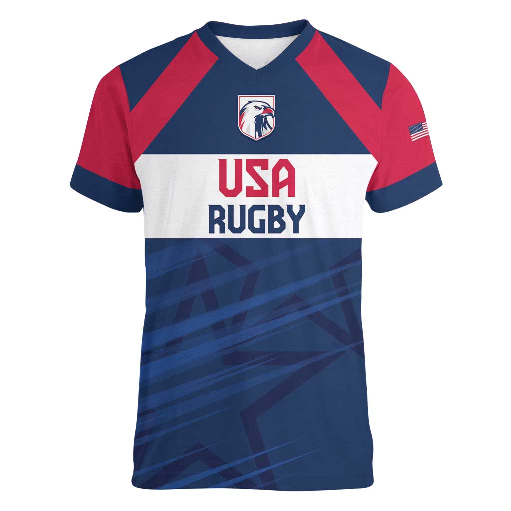 Custom USA Rugby 2024 Women V-Neck T-Shirt Eagles Reigns Supreme Blue Version LT05 - Wonder Print Shop