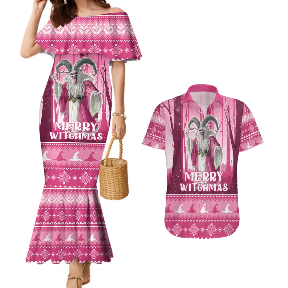 Christmas Naughty Witch Couples Matching Mermaid Dress and Hawaiian Shirt Merry Witchmas LT05 - Wonder Print Shop
