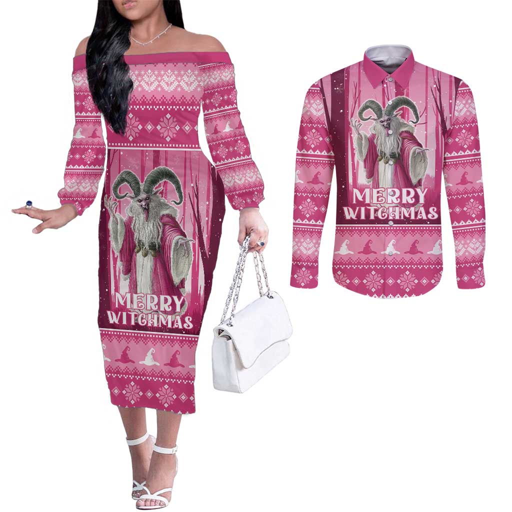 Christmas Naughty Witch Couples Matching Off The Shoulder Long Sleeve Dress and Long Sleeve Button Shirt Merry Witchmas