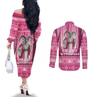 Christmas Naughty Witch Couples Matching Off The Shoulder Long Sleeve Dress and Long Sleeve Button Shirt Merry Witchmas
