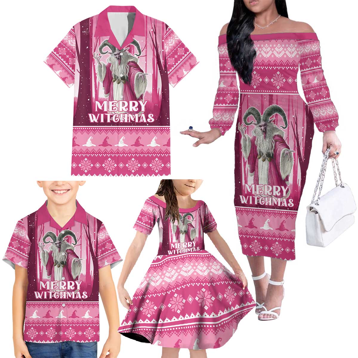Christmas Naughty Witch Family Matching Off The Shoulder Long Sleeve Dress and Hawaiian Shirt Merry Witchmas LT05 - Wonder Print Shop