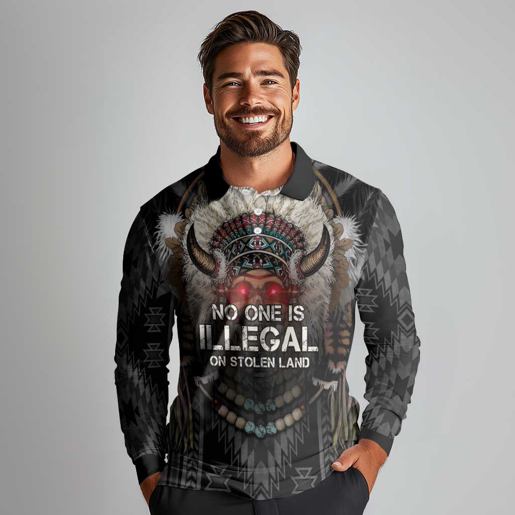 Native American Long Sleeve Polo Shirt No One Is Illegal On Stolen Land