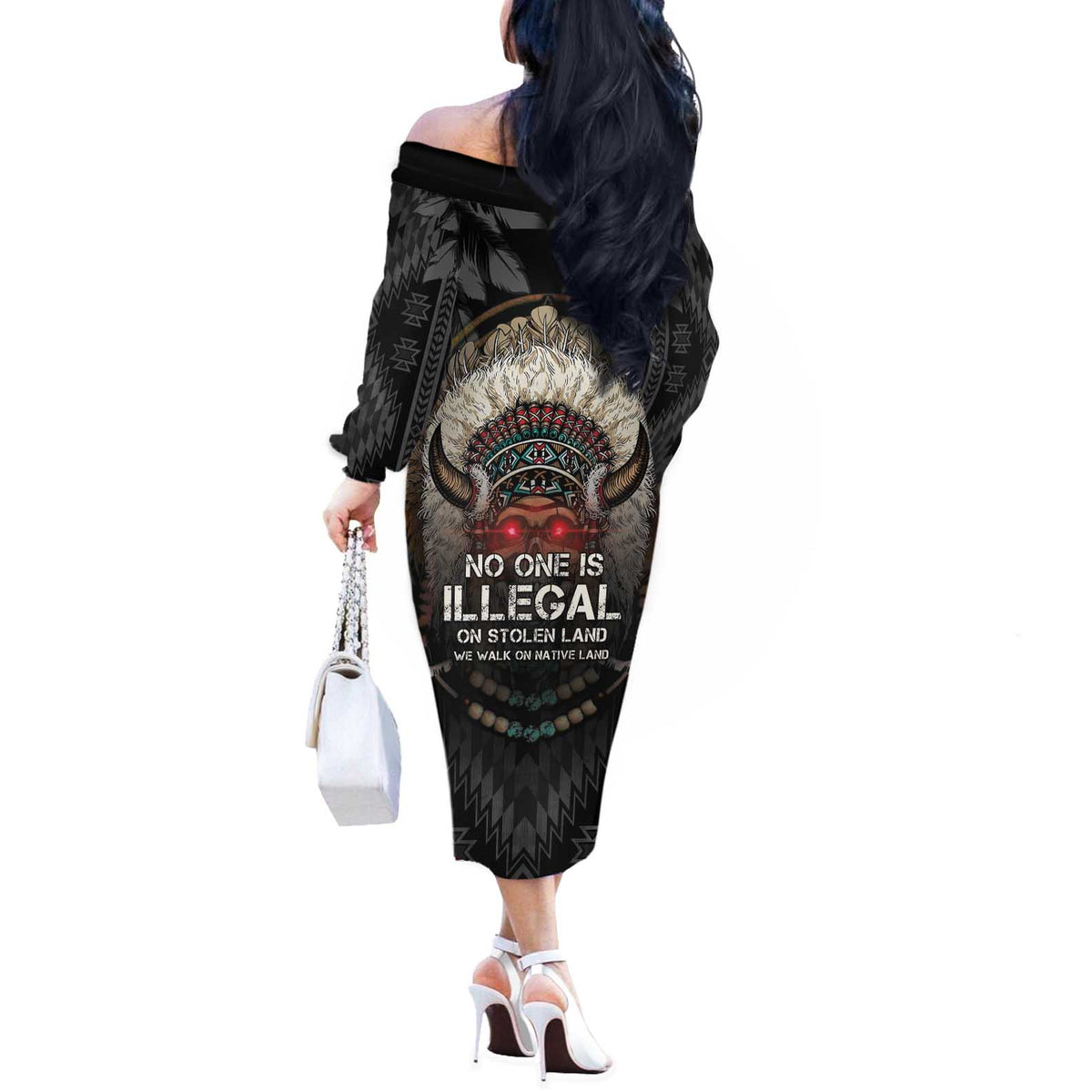 Native American Off The Shoulder Long Sleeve Dress No One Is Illegal On Stolen Land
