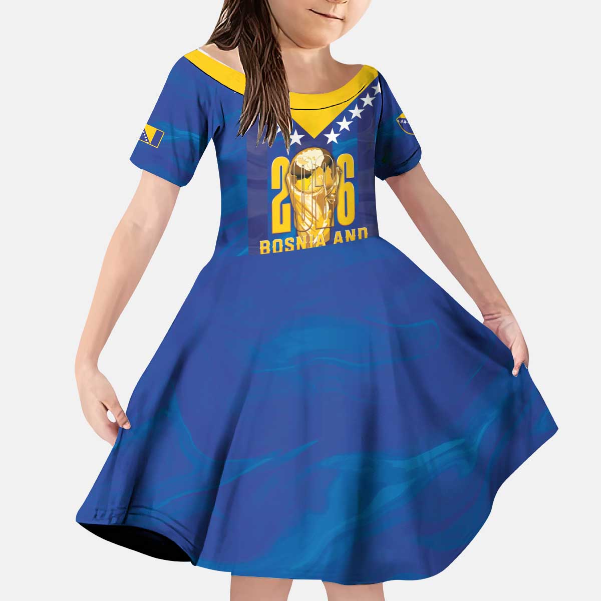 Custom Football 2026 Bosnia And Herzegovina Kid Short Sleeve Dress Trophy Style