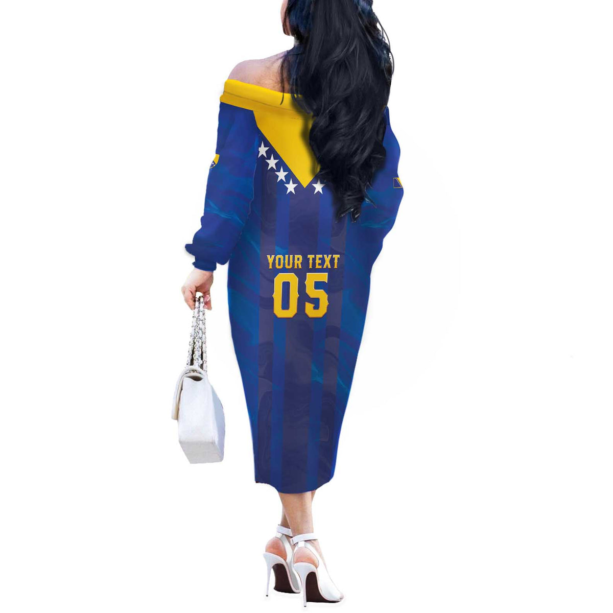 Custom Football 2026 Bosnia And Herzegovina Off The Shoulder Long Sleeve Dress Trophy Style