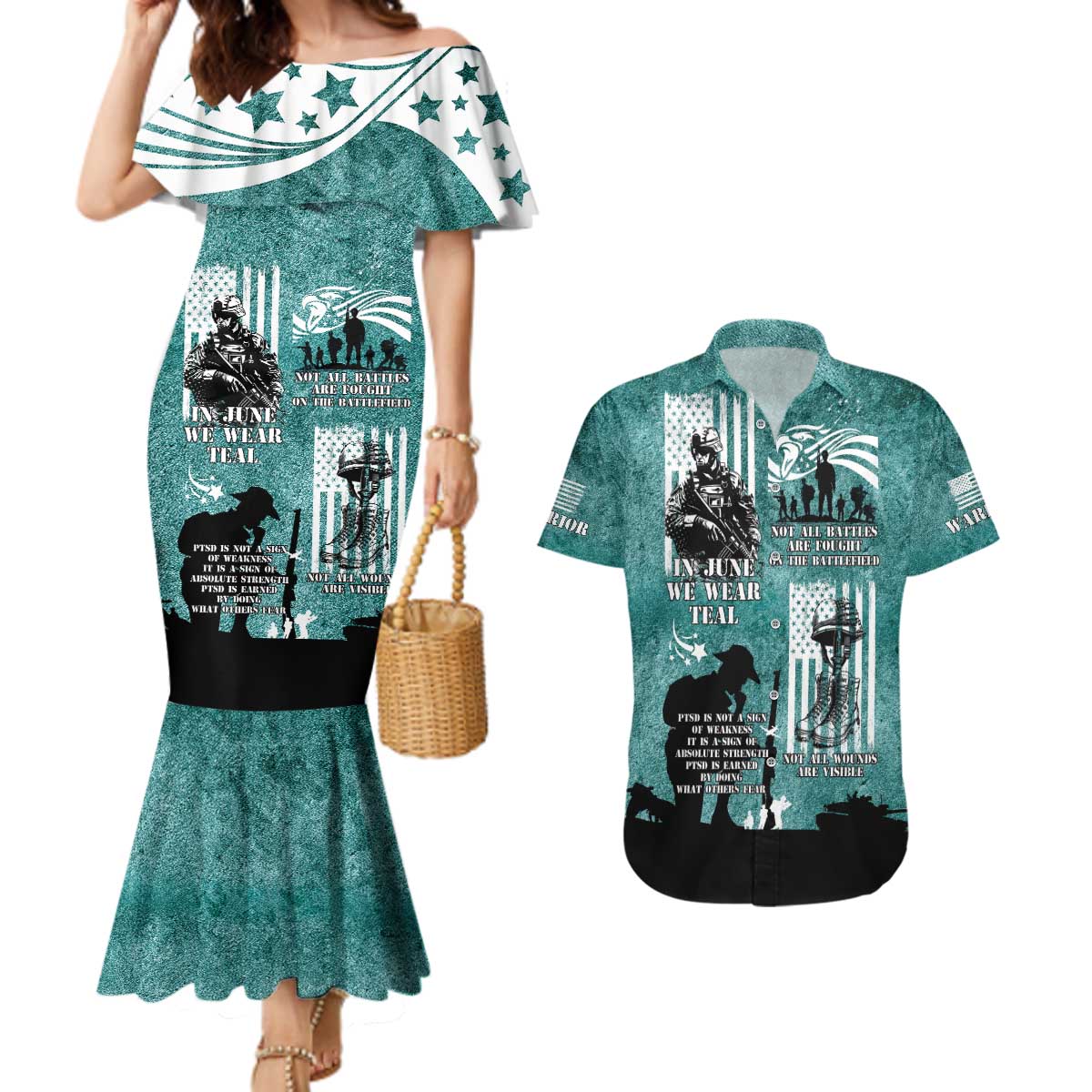 Veteran PTSD Couples Matching Mermaid Dress and Hawaiian Shirt Not A Sign Of Weakness It Is Earned By Doing What Others Fear