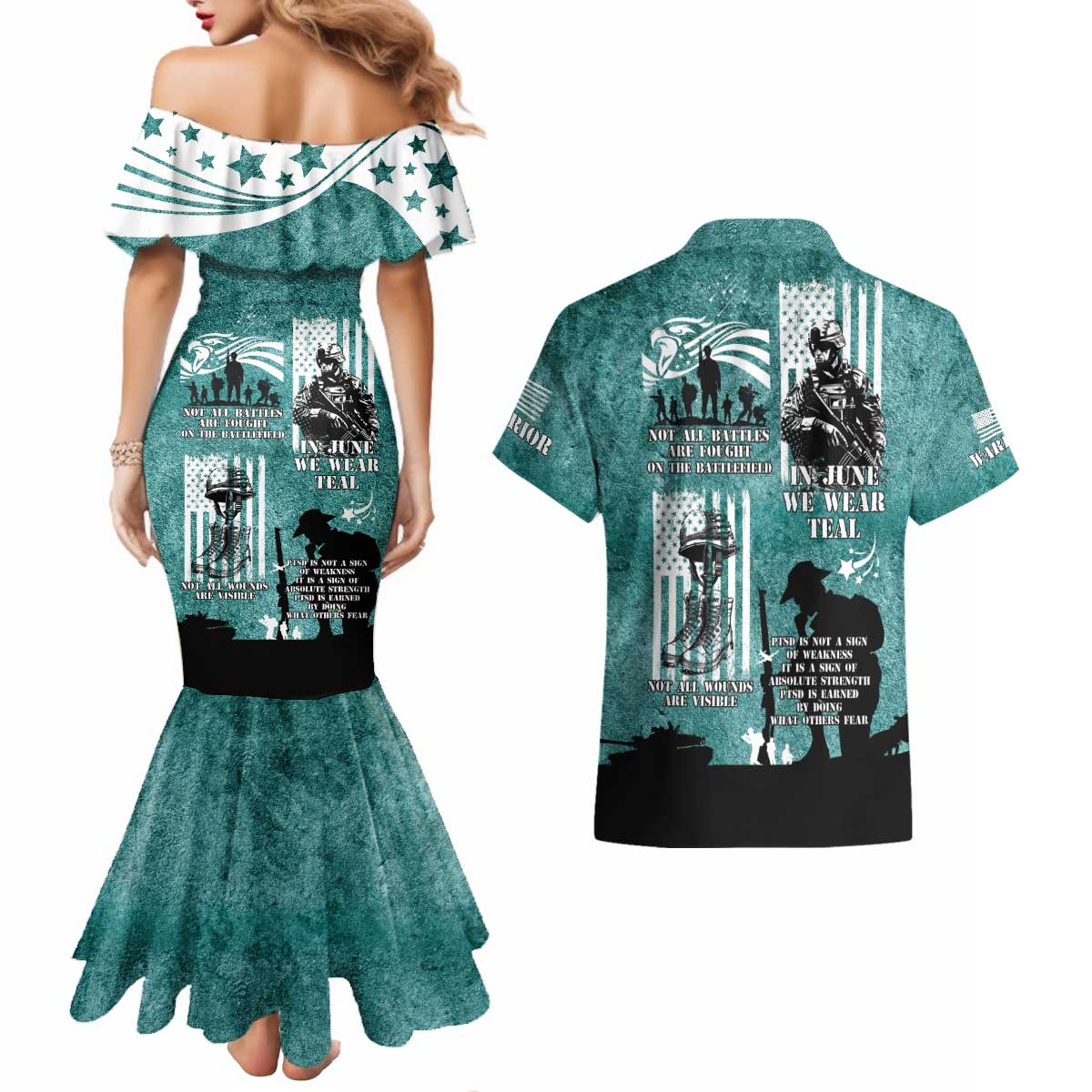 Veteran PTSD Couples Matching Mermaid Dress and Hawaiian Shirt Not A Sign Of Weakness It Is Earned By Doing What Others Fear