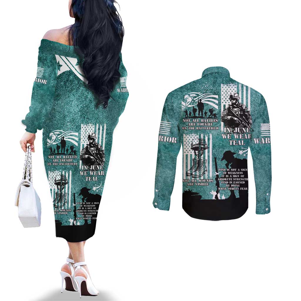 Veteran PTSD Couples Matching Off The Shoulder Long Sleeve Dress and Long Sleeve Button Shirt Not A Sign Of Weakness It Is Earned By Doing What Others Fear
