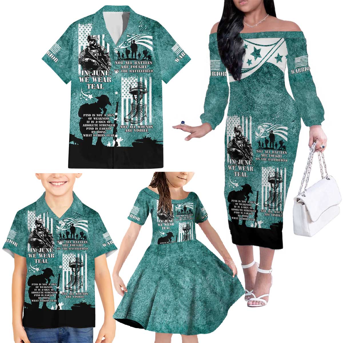 Veteran PTSD Family Matching Off The Shoulder Long Sleeve Dress and Hawaiian Shirt Not A Sign Of Weakness It Is Earned By Doing What Others Fear