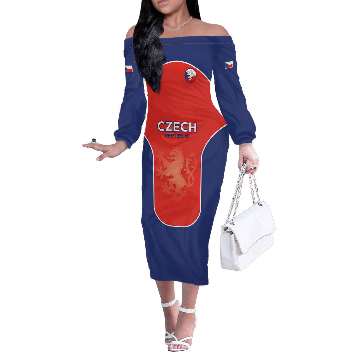 Custom Czechia Football 2026 Off The Shoulder Long Sleeve Dress National Lion Unique Style