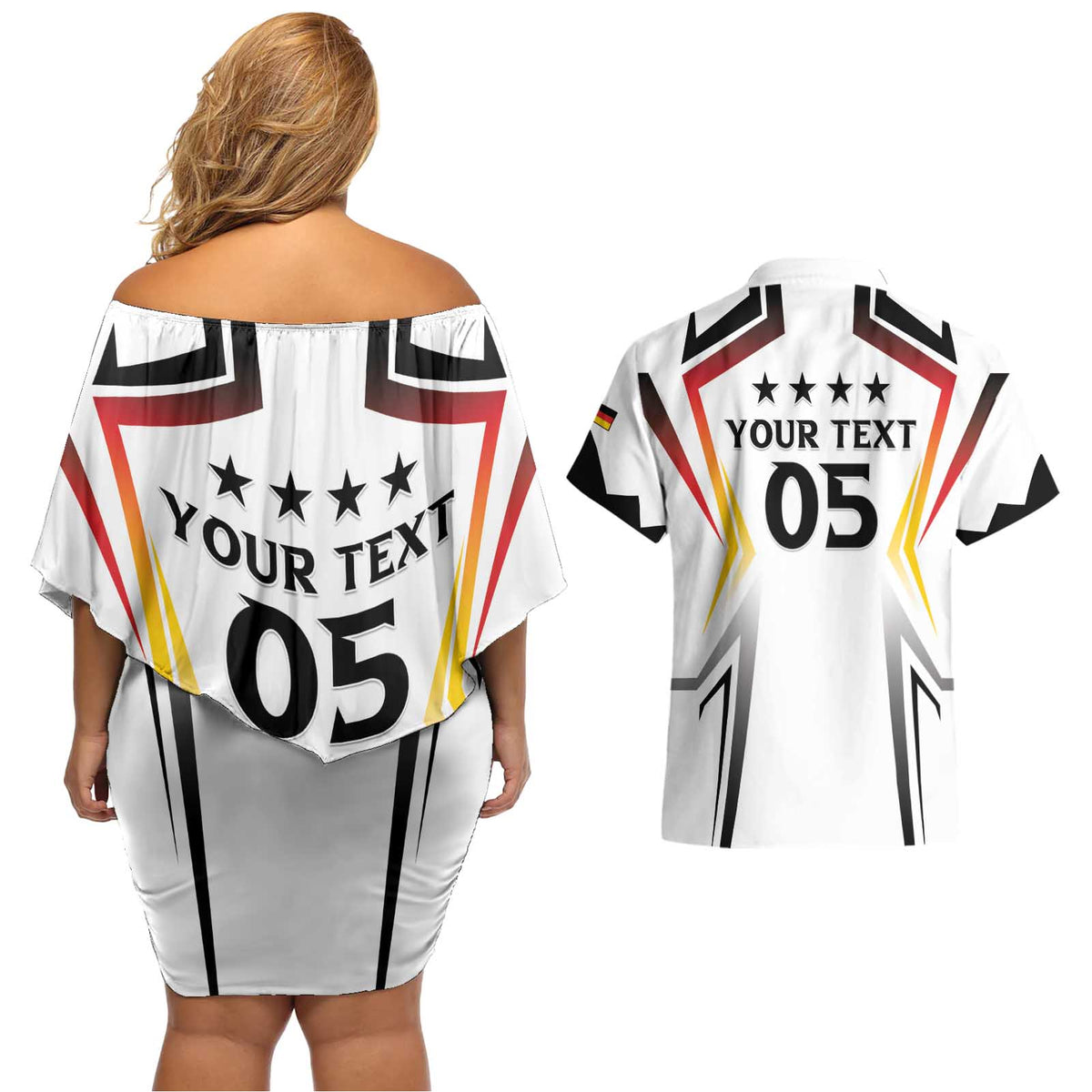 Custom Germany 2024 Football Couples Matching Off Shoulder Short Dress and Hawaiian Shirt Go Champions Nationalelf White Version LT05 - Wonder Print Shop
