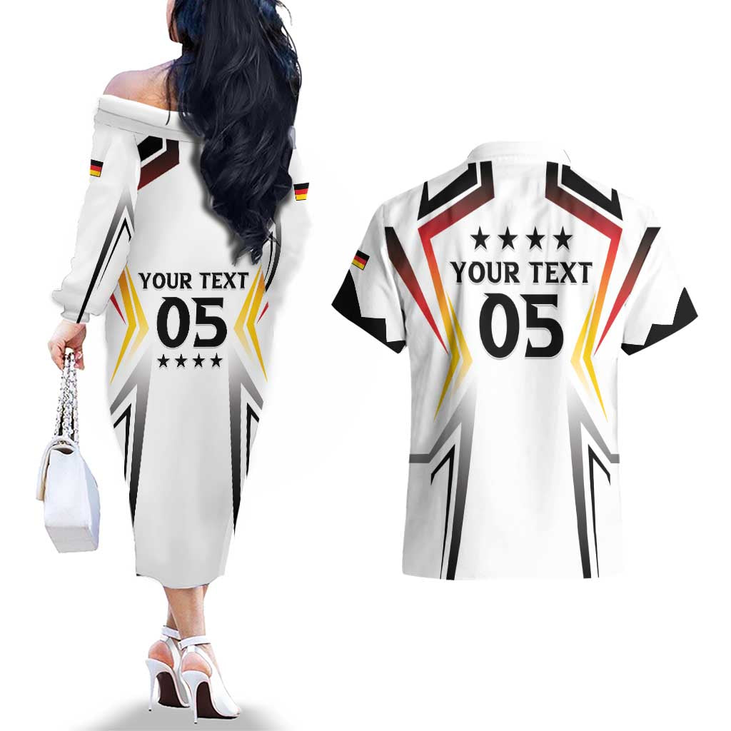 Custom Germany 2024 Football Couples Matching Off The Shoulder Long Sleeve Dress and Hawaiian Shirt Go Champions Nationalelf White Version LT05 - Wonder Print Shop