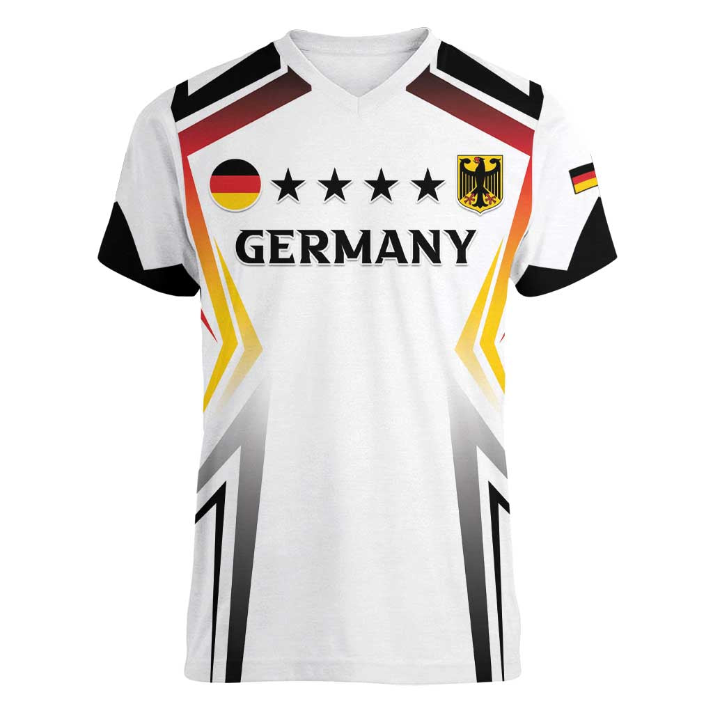 Custom Germany 2024 Football Women V-Neck T-Shirt Go Champions Nationalelf White Version LT05 - Wonder Print Shop