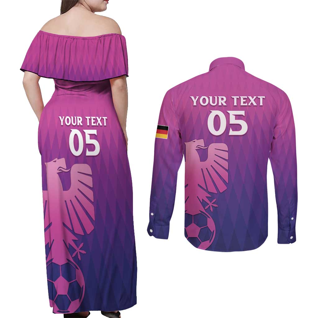Custom Germany 2024 Football Couples Matching Off Shoulder Maxi Dress and Long Sleeve Button Shirt Go Champions Nationalelf Pink Version LT05 - Wonder Print Shop