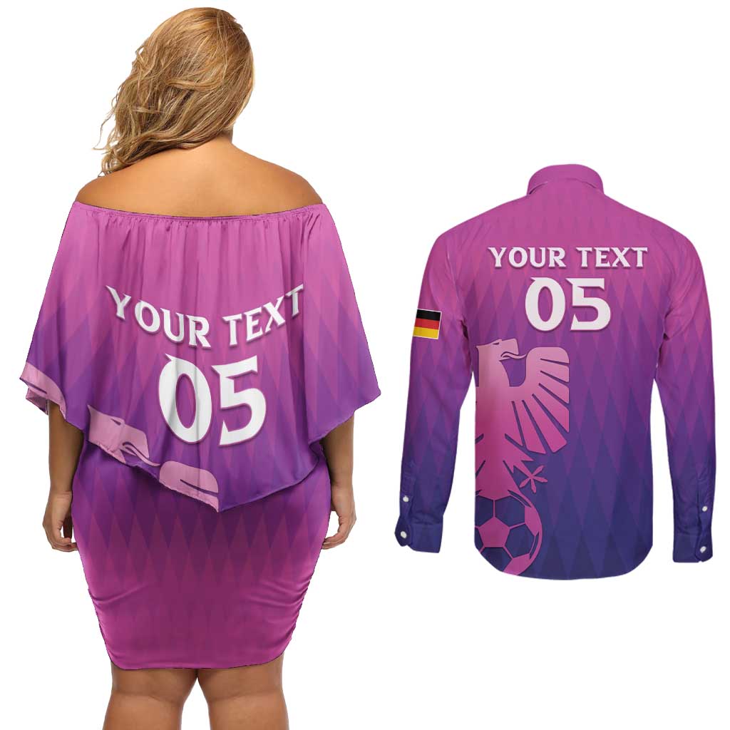 Custom Germany 2024 Football Couples Matching Off Shoulder Short Dress and Long Sleeve Button Shirt Go Champions Nationalelf Pink Version LT05 - Wonder Print Shop
