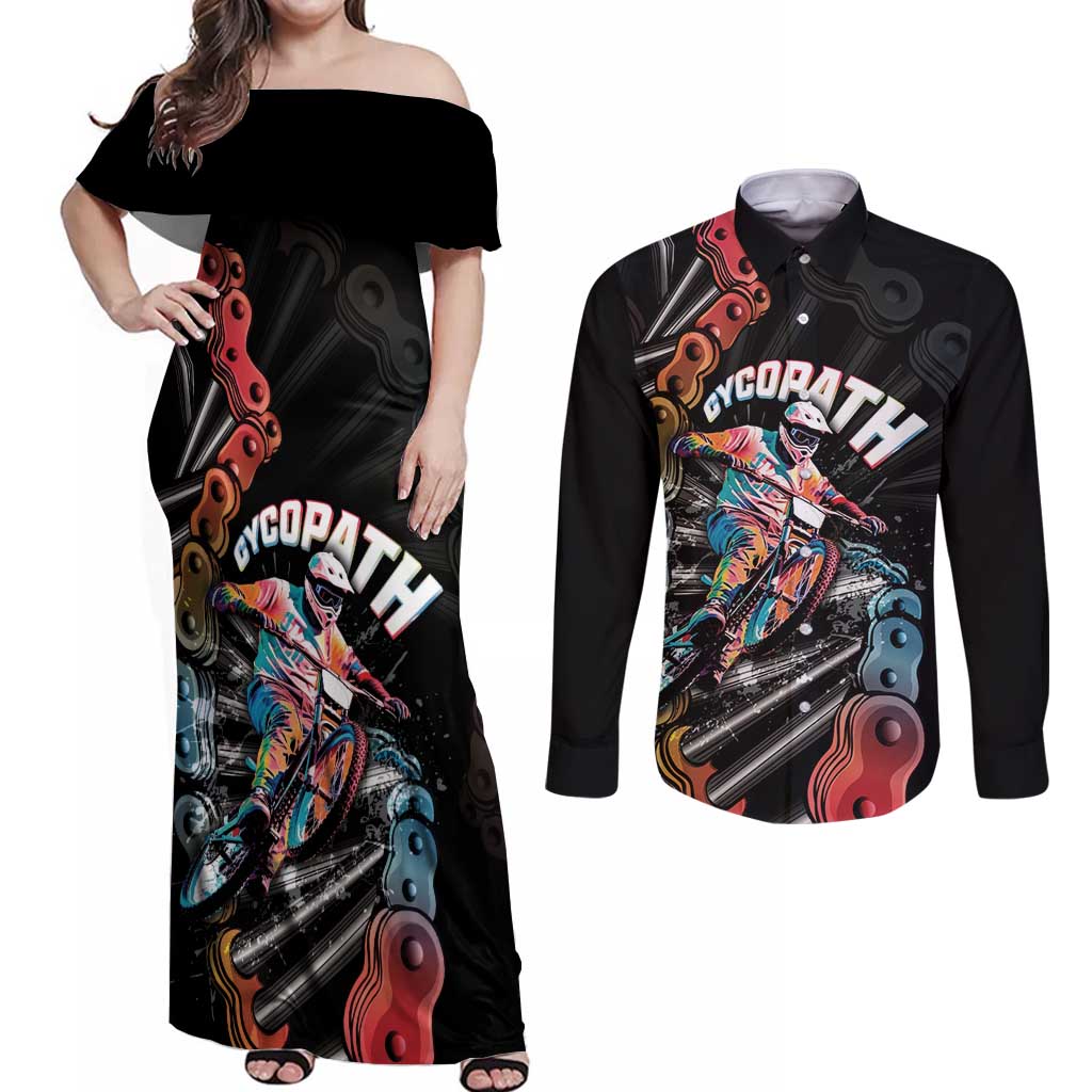 Cycopath Funny Cycling Couples Matching Off Shoulder Maxi Dress and Long Sleeve Button Shirt Cycling lovers - Wonder Print Shop